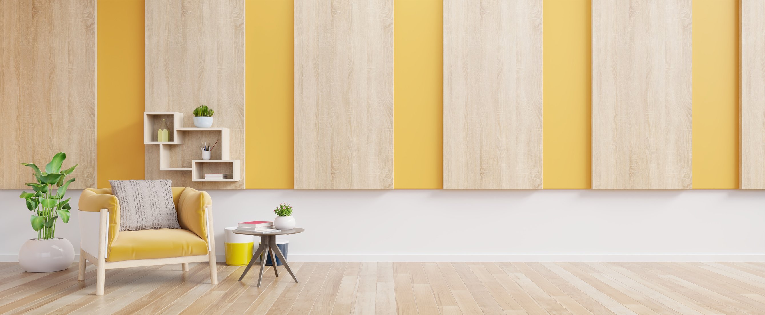 Living Room Interior with Yellow Fabric Armchaiir